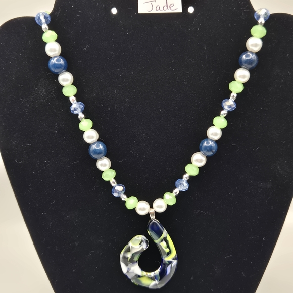 Erins Lovely Creations Jewelry - Green & Blue Beaded Necklace with Murano Glass Pendant And Jade Beads